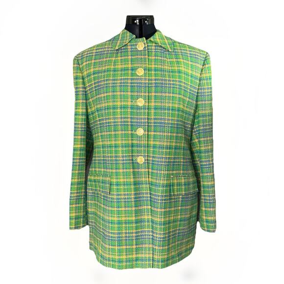 VTG Pietrafesa Jacket Coat Womens 12 Green Plaid Tartan Pockets Satin Lined LS - Picture 1 of 10